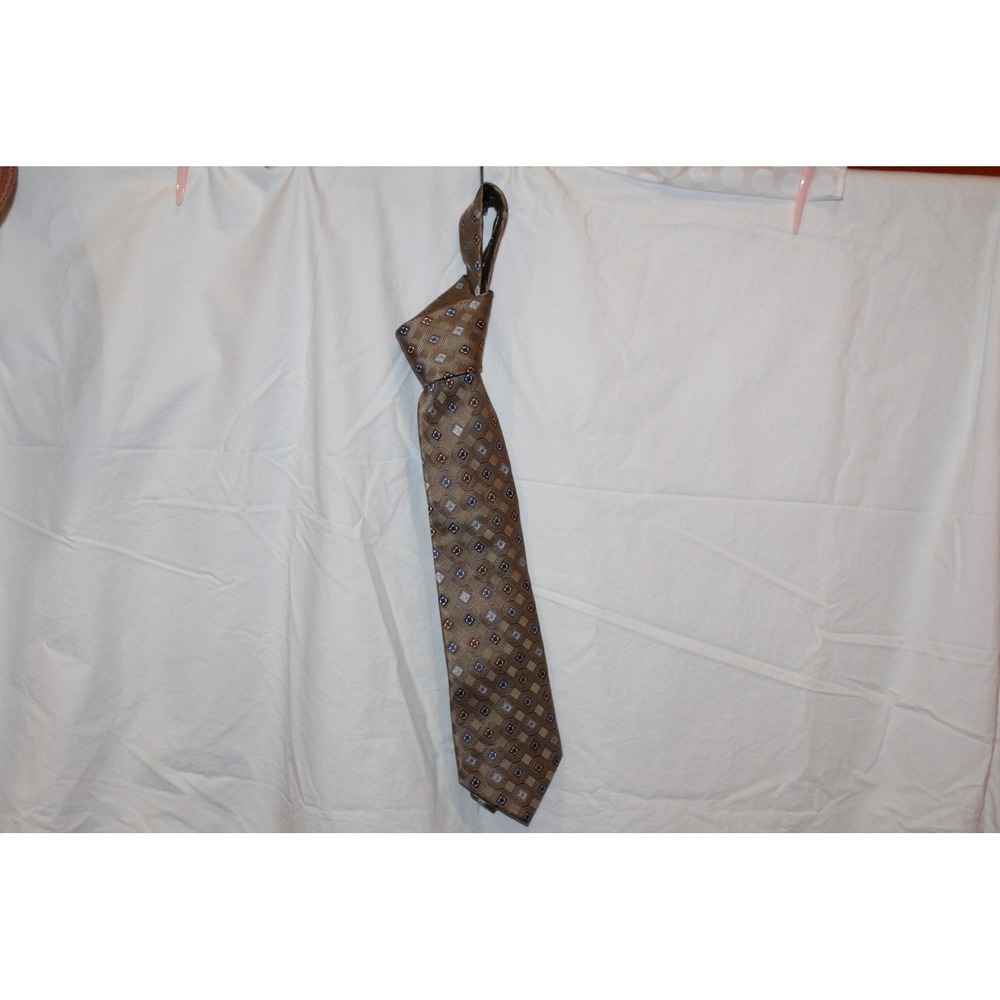 Joseph Abboud Mens Silk Tie Tan Beige Blue Geometric Diamond Pattern Necktie